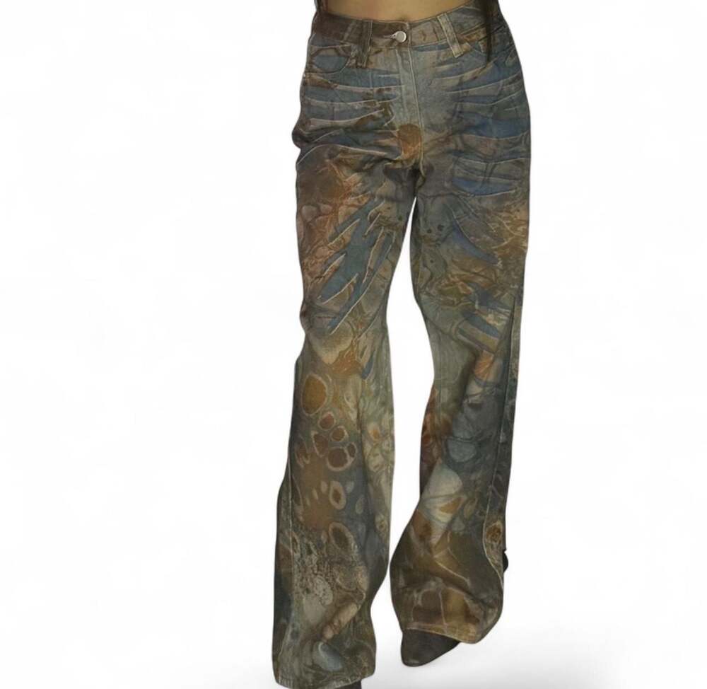 Vintage Washed Baggy Jeans with 3D Print Color Chain Graphic